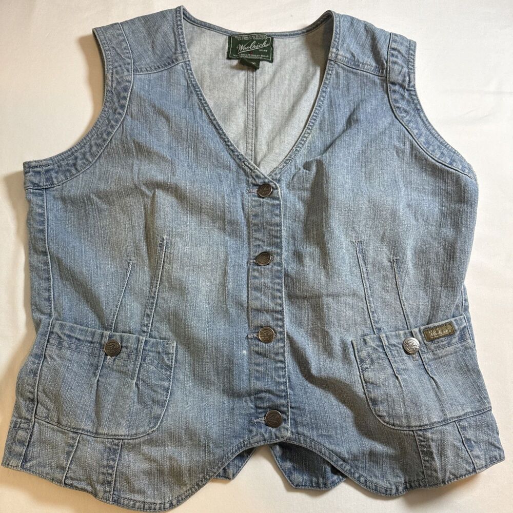Woolrich Vest Womens L Blue Denim Button Front Pockets Adjustable Back Belt